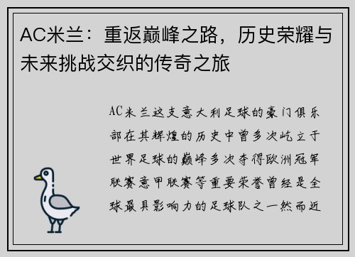 AC米兰：重返巅峰之路，历史荣耀与未来挑战交织的传奇之旅