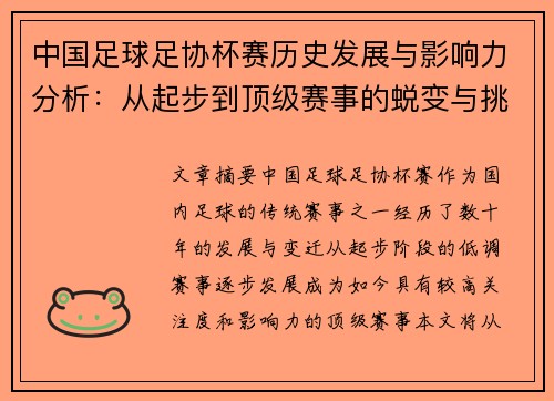 中国足球足协杯赛历史发展与影响力分析：从起步到顶级赛事的蜕变与挑战