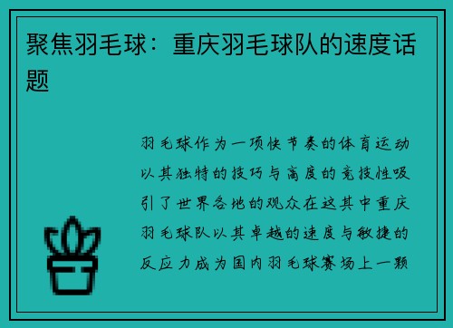 聚焦羽毛球：重庆羽毛球队的速度话题