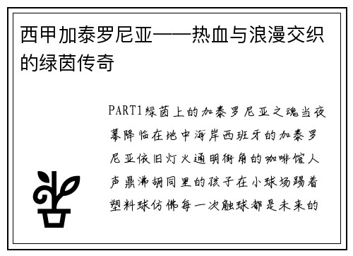 西甲加泰罗尼亚——热血与浪漫交织的绿茵传奇