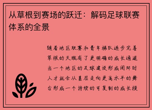 从草根到赛场的跃迁：解码足球联赛体系的全景